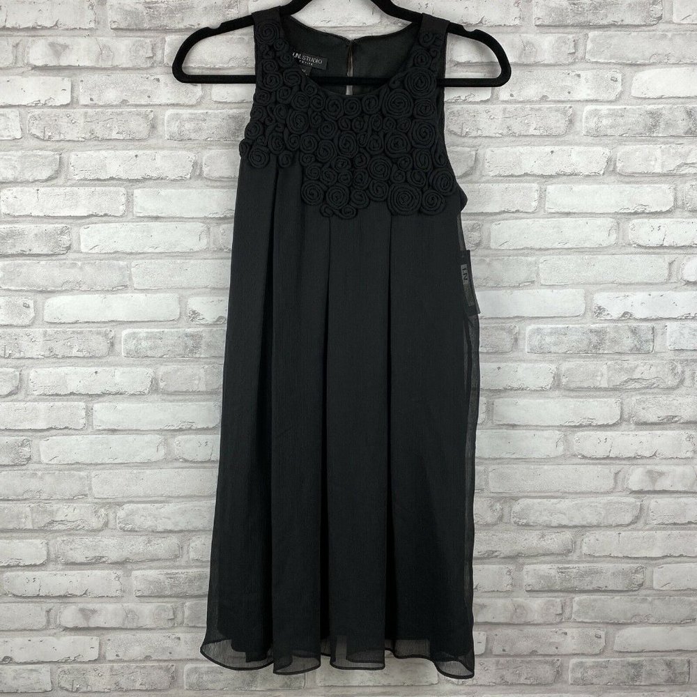 I.N. STUDIO Petite Size 8P Black Rossette Sleeveless Dress Flowy New With Tags